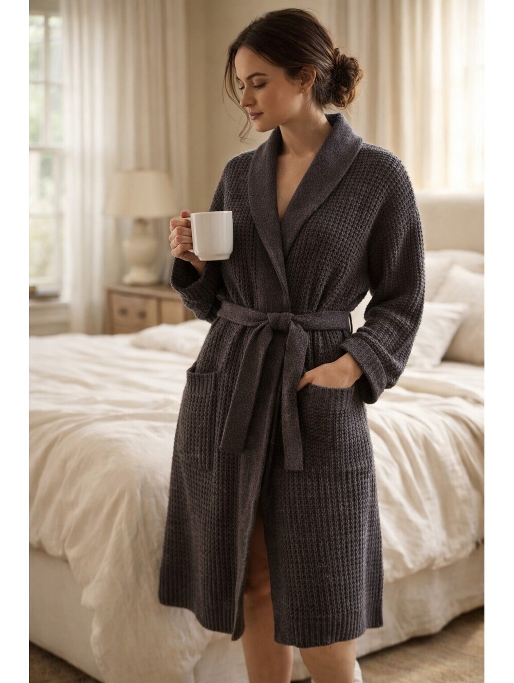 Jason Wu Knit Cardigan Robe Womens L Gray Belted Shawl Collar Luxe Minimalist